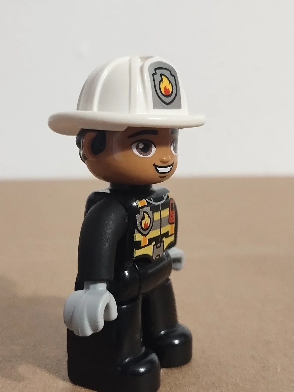 Lego Duplo Figure Fireman white hat (fire on hat) black uniform